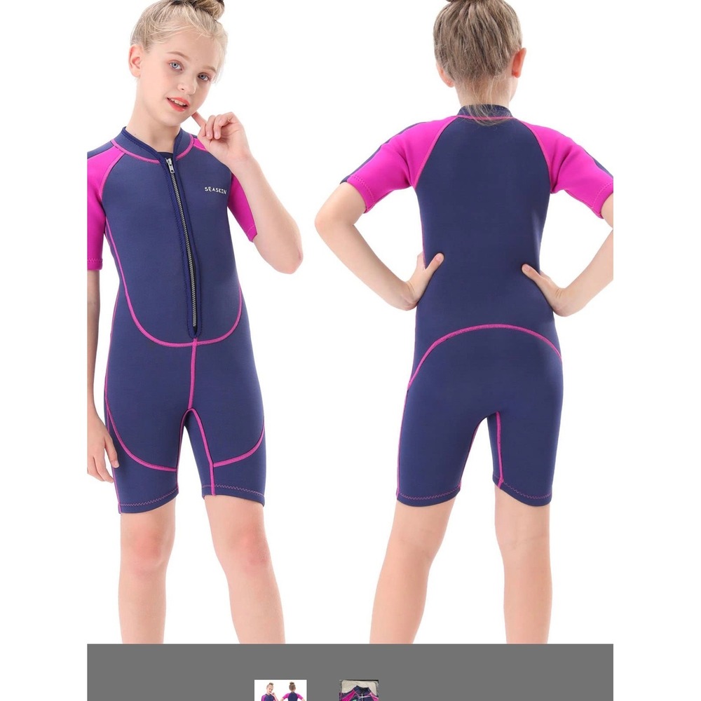 Seaskin Wetsuit Girls Size 6 Navy Pink 2mm Shorty Front Zip Short Sleeve